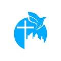 Church logo. Christian symbols. The cross of Jesus and the dove over the city. Royalty Free Stock Photo