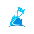Church logo. Christian symbols. The cross of Jesus and the dove over the city.