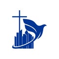 Church logo. Christian symbols. The cross of Jesus and the dove over the city.