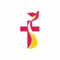 Church logo. Christian symbols. The Cross of Jesus, the fire of the Holy Spirit and the dove Royalty Free Stock Photo