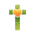 Church logo. Christian symbols. Cross of Jesus and heart, mosaic.