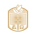 Church logo. Christian symbols. Cross, open bible and dove. Royalty Free Stock Photo