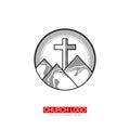 Church logo. Christian symbols. Cross of the Savior Jesus Christ against the backdrop of mountains and radiance