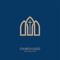 Church logo. Christian symbols. Cross of the Savior Jesus Christ on the background of the arches of the church