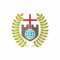 Church logo. Christian symbols. Fortress my God, globe, cross and the laurel branches