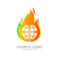 Church logo. Christian symbols. Globe, the cross of Jesus Christ against the background of the flame of the Holy Spirit. Royalty Free Stock Photo