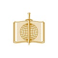 Church logo. Christian symbols. Globe and sword on the background of an open bible Royalty Free Stock Photo