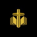 Church logo. Christian symbols. Gold cross and Holy bible