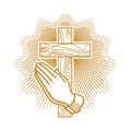 Church logo. Christian symbols. Hands folded in prayer against the background of the cross of the Lord and Savior Jesus Christ