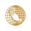 Church logo. Christian symbols. Hands folded in prayer against the background of the globe