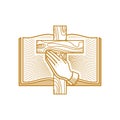 Church logo. Christian symbols. Hands folded in prayer against the background of a wooden cross of Jesus Christ and an open bible Royalty Free Stock Photo