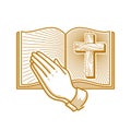 Church logo. Christian symbols. Hands folded in prayer against the background of a wooden cross of Jesus Christ and an open bible Royalty Free Stock Photo