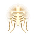 Church logo. Christian symbols. Hands raised to the cross of the Lord Jesus Christ