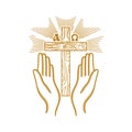 Church logo. Christian symbols. Hands raised to the cross of the Lord Jesus Christ