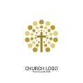 Church logo. Christian symbols. Jesus cross and circular glow.