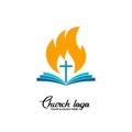 Church logo. Christian symbols. Open bible against the background of the cross and the flame of the Spirit Royalty Free Stock Photo