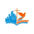 Church logo. Christian symbols. The open bible, the cross of Jesus, the city and the dove. Royalty Free Stock Photo