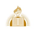 Church logo. Christian symbols. An open Bible and a dove against the backdrop of the sun shines Royalty Free Stock Photo