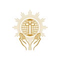 Church logo. Christian symbols. Praying hands are turned to the cross on the background of the globe Royalty Free Stock Photo