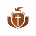 Church logo. Christian symbols. Shield and Fortress, Jesus, Dove - Holy Spirit