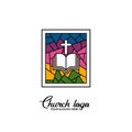Church logo. Christian symbols. Stained glass window. Cross of Christ and the Bible
