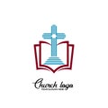 Church logo. Christian symbols. A staircase leading to the cross of Christ against the backdrop of an open bible