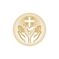 Church logo. Christian symbols. The symbol of the Holy Spirit is the dove, the cross of Jesus Christ, and the praying hands below Royalty Free Stock Photo