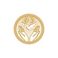 Church logo. Christian symbols. The symbols of the Holy Spirit are the dove and the flame, and below are praying hands