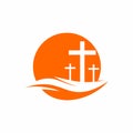 Church logo. Christian symbols. Three crosses on a hill