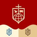 Church logo. Cristian symbols. Cross of Jesus, the Bible, the dove and the globe Royalty Free Stock Photo