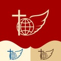 Church logo. Cristian symbols. Cross of Jesus, globe and angel wing