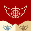 Church logo. Cristian symbols. The cross of Jesus, the globe and the wings of an angel.