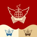 Church logo. Cristian symbols. Cross, open bible, globe, dove and angel wings. Royalty Free Stock Photo