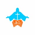 Church logo. Cristian symbols. Jesus Christ, the bible and the letters alpha and omega.