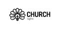 Church logo with cross, bulb and flower. Ligth cross bible church vector logotype Royalty Free Stock Photo