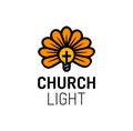 Church logo with cross, bulb and flower. Ligth cross bible church vector logotype Royalty Free Stock Photo