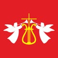 Church logo. The cross of Jesus Christ, harp and angels singing in trumpets