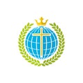 Church logo. The cross of Jesus, the globe, the king`s crown and laurels