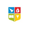 Church logo. The cross of Jesus, the open bible, the cup of Christ and the dove