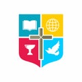 Church logo. The cross of Jesus, an open bible, a globe and a dove Royalty Free Stock Photo