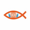 Church logo. Globe, world, christian fish, and angel wings