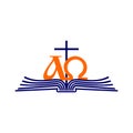 Church logo. Open Bible, the cross of Jesus and Alpha and Omega. Royalty Free Stock Photo