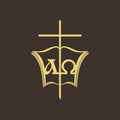 Church logo. An open bible, the cross of Jesus Christ and Alpha and Omega