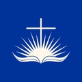 Church logo. An open bible, the cross of Jesus Christ and the radiance of God`s glory