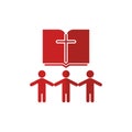 Church logo. Open Bible, the cross of Jesus and the worshipers of God