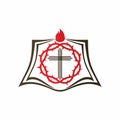 Church logo. The open pages of the Bible, the crown of thorns and the cross of Jesus Christ with the flame of the Holy Spirit Royalty Free Stock Photo