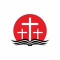 Church logo. Three crosses, sunrise and open bible.