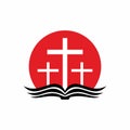 Church logo. Three crosses, sunrise and open bible. Royalty Free Stock Photo