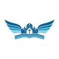 Church logo. The unity of the Church in Christ, city and angel`s wings