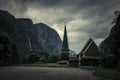 Church in Lysebotn surrounded by mountains in Norway